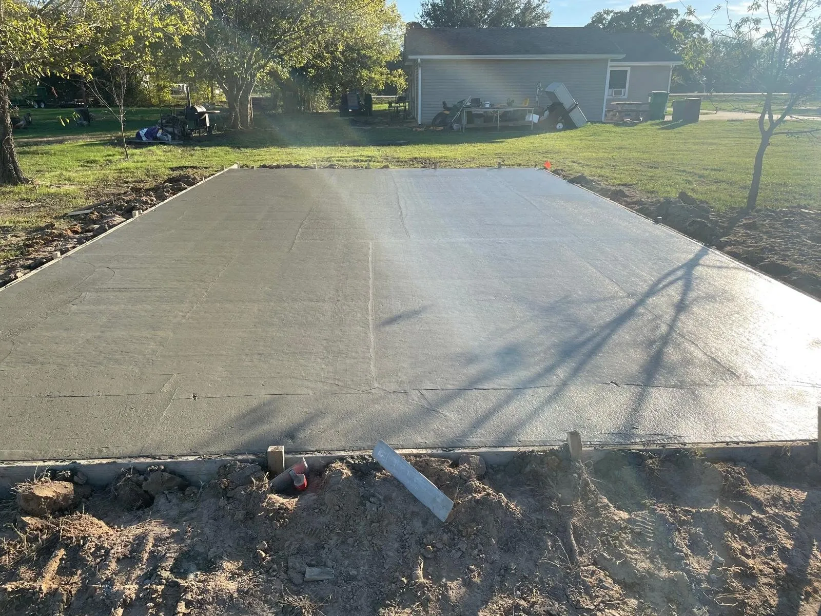 Freshly poured concrete slab foundation